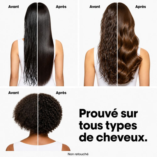 Résultats avant après du sèche-cheveux AirLight Pro sur cheveux lisses, ondulés et bouclés