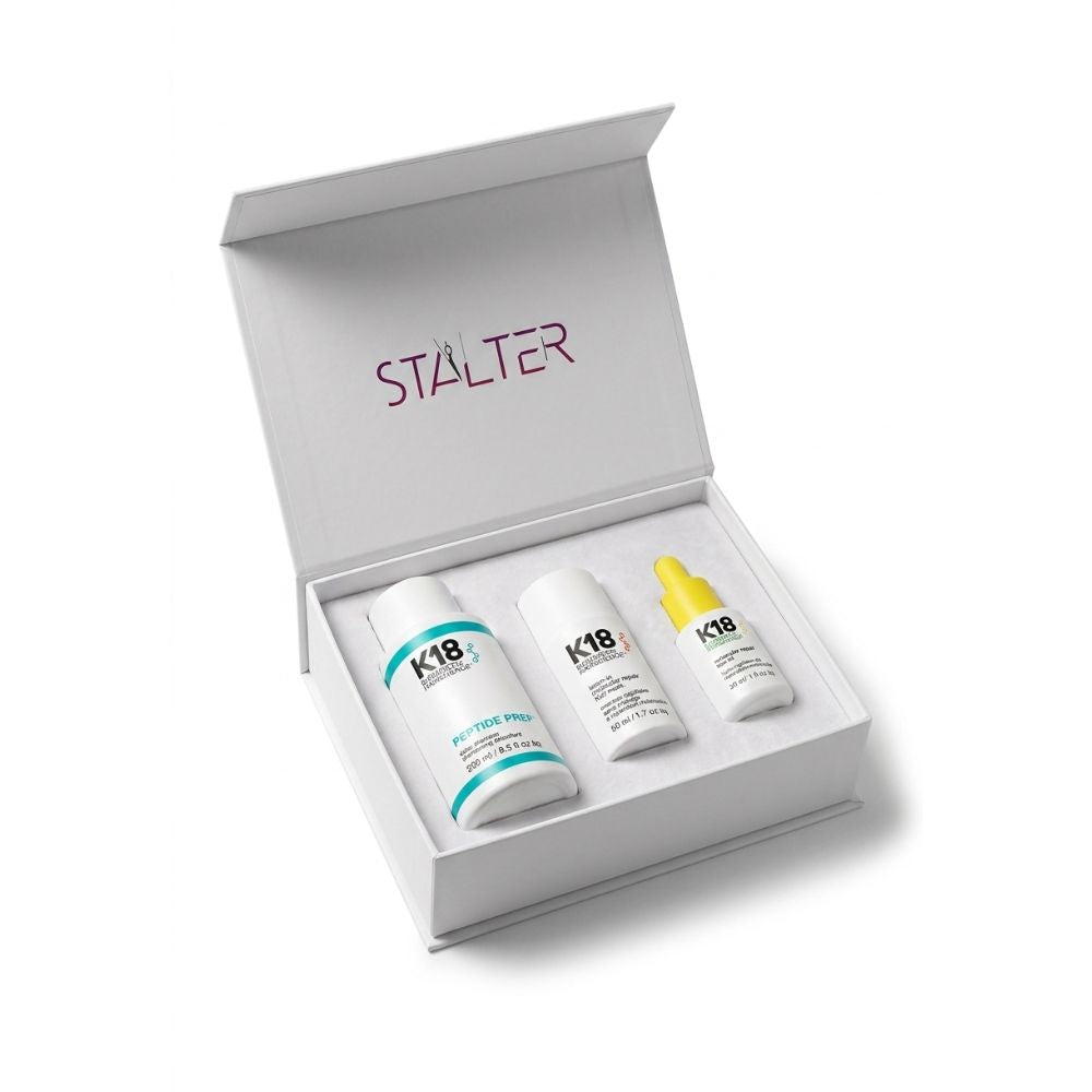 Coffret Stalter K18 avec shampoing detox, masque leave-in et huile réparatrice pour cheveux abîmés