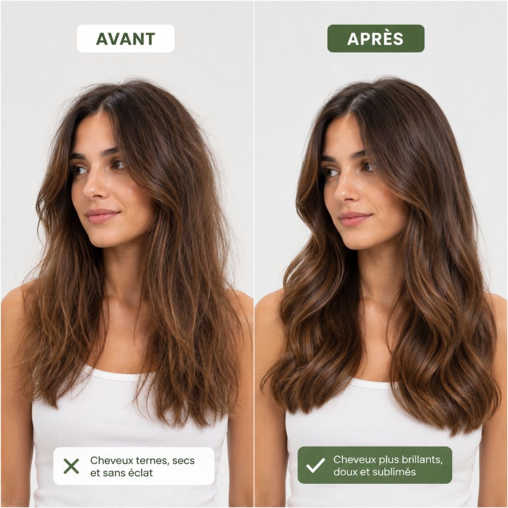 Transformation avant après avec Kérastase Gloss Absolu révélant des cheveux plus brillants, doux et sublimés