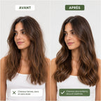 Transformation avant après avec Kérastase Gloss Absolu révélant des cheveux plus brillants, doux et sublimés