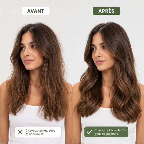 Transformation avant après avec Kérastase Gloss Absolu révélant des cheveux plus brillants, doux et sublimés