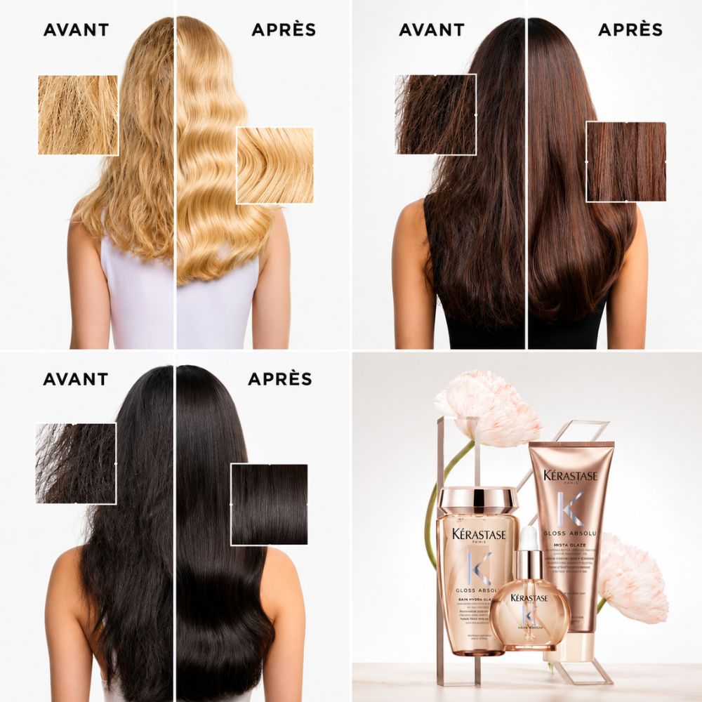 Résultats avant après Kérastase Gloss Absolu montrant brillance, douceur et réduction des frisottis