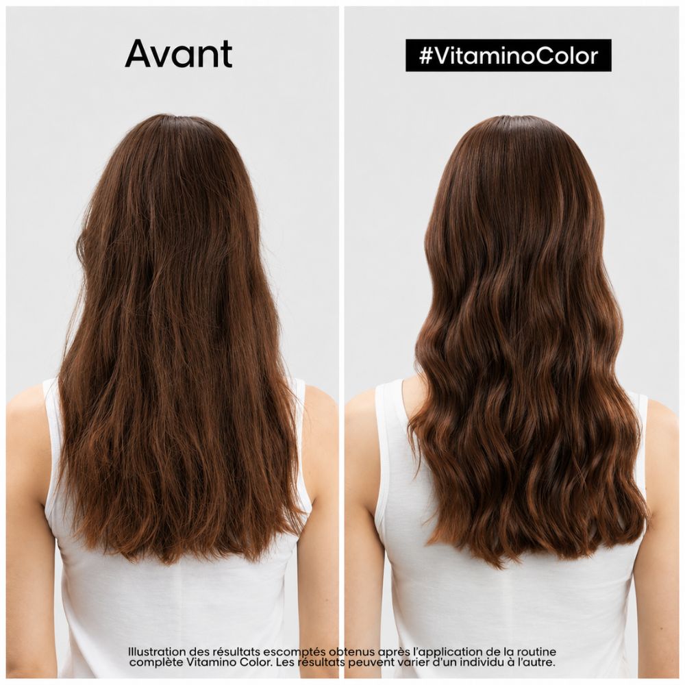 Résultat avant après Vitamino Color L’Oréal Professionnel montrant brillance et protection de la couleur