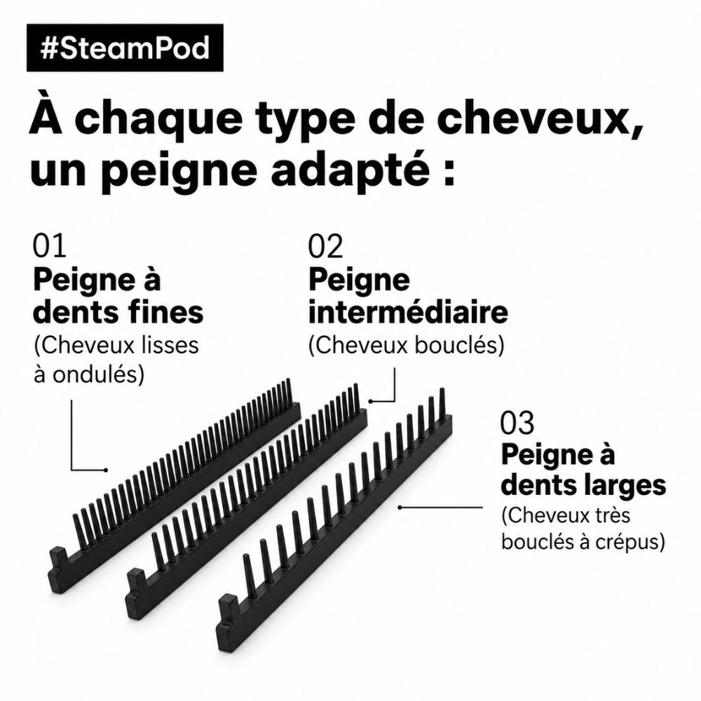 Différents peignes SteamPod pour cheveux lisses, bouclés et crépus