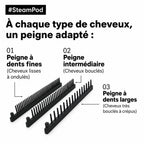 Différents peignes SteamPod pour cheveux lisses, bouclés et crépus