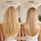 Comparatif cheveux blonds abîmés avant et réparés après soin capillaire