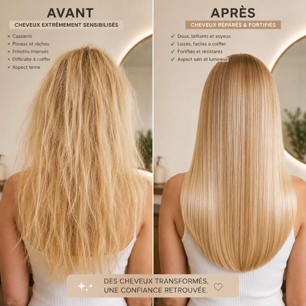 Comparatif cheveux blonds abîmés avant et réparés après soin capillaire