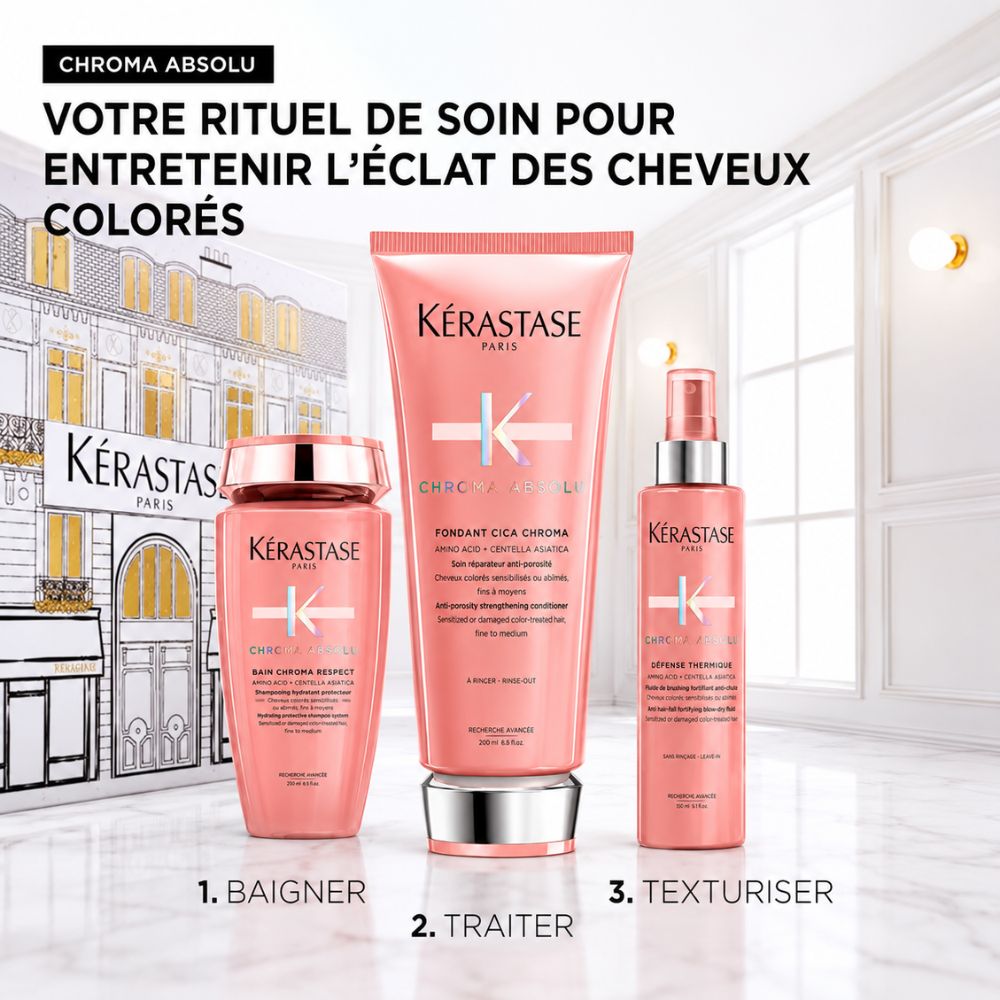 Routine complète Kérastase Chroma Absolu avec shampoing, soin et spray pour protéger et sublimer les cheveux colorés