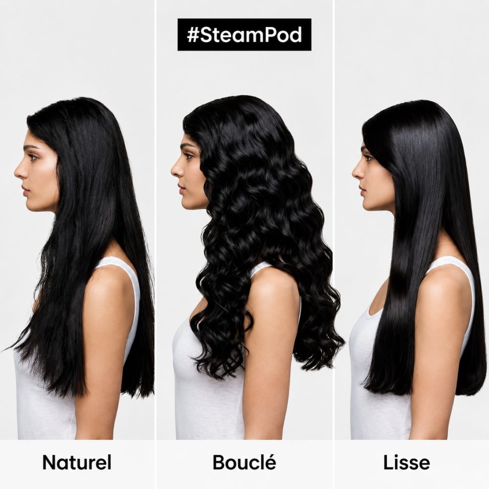 Transformation cheveux avec SteamPod professionnel sur cheveux naturels, bouclés et lissés