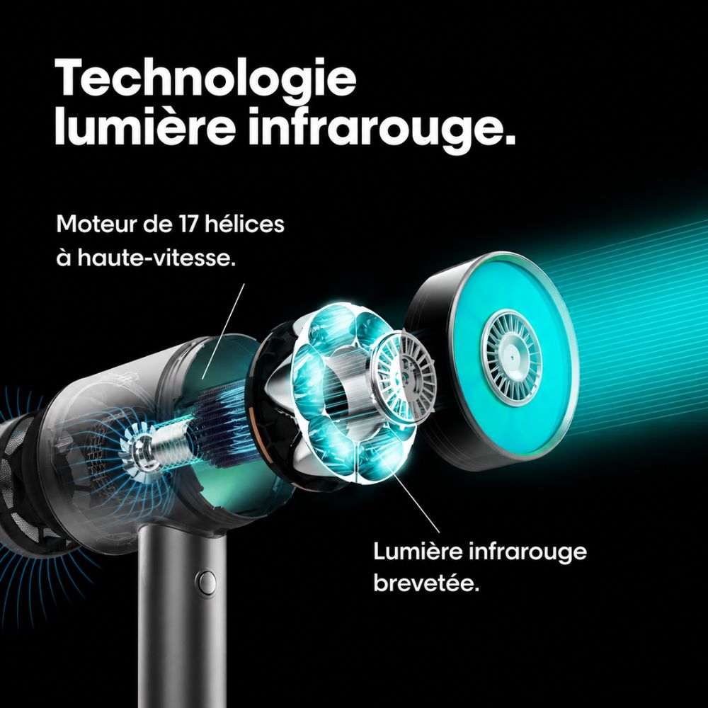 Sèche-cheveux AirLight Pro avec technologie infrarouge brevetée pour séchage rapide et respect de la fibre capillaire