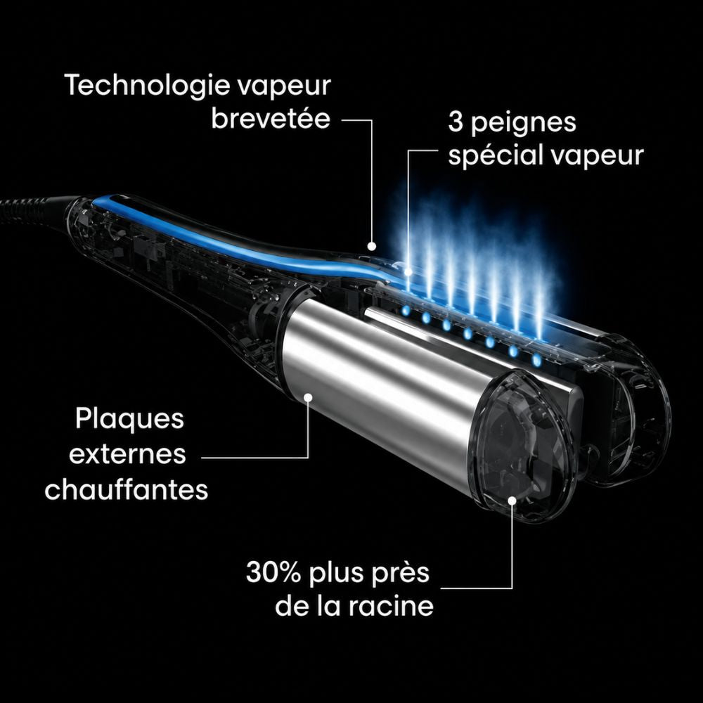 Schéma technique du SteamPod avec vapeur brevetée et plaques chauffantes